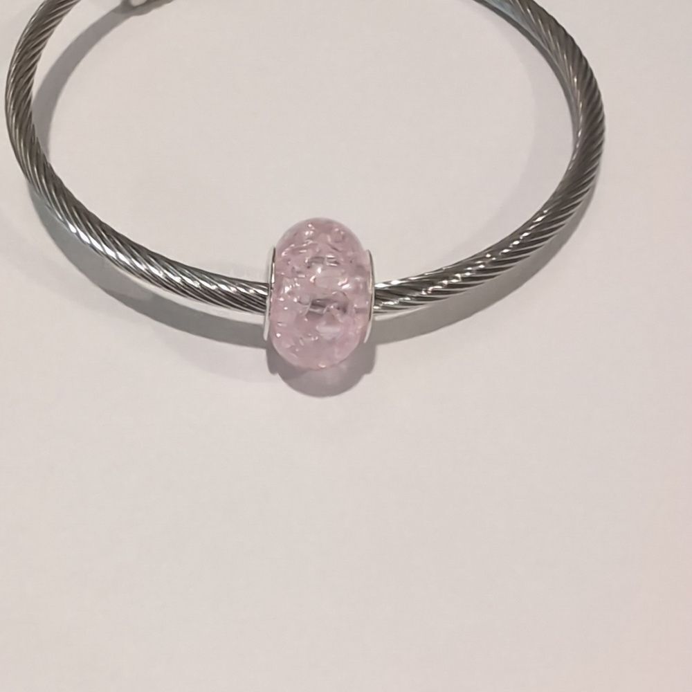 Silver Pink "Crushed‎ Glass" Charm for Pandora Style Bracelet